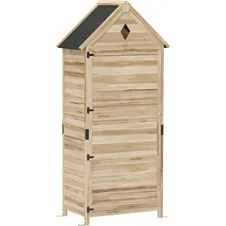 Outsunny Gartenschrank Holz, wasserdicht Geräteschuppen mit Asphalt-Satteldach Ablage Tür 80 x 49 x 170 cm, wetterfest Geräteschrank, Gerätehaus Gartenschuppen für Garten, Terrasse, Naturholz   Aosom