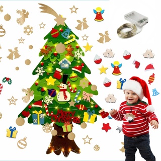 Weihnachtsbaum aus Filz für Kinder (LED-Version), Weihnachtsbaum Filz mit 60 abnehmbaren Ornamenten & 50 LED-Lichtern, 142 cm