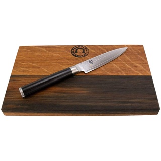 Kai Shun Messer Angebotsset - Classic DM-0716 - ultrascharfes Japanisches Messer mit 10 cm Klinge aus Damaststahl + von Hand gefertigtes Schneidebrett Unikat