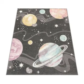 Paco Home Kinderteppich Nino 888, rechteckig, Höhe: 13 mm, Spielteppich, Kurzflor, Motiv Weltraum, pflegeleicht, Kinderzimmer grau 133 cm x 133 cm x 13 mm