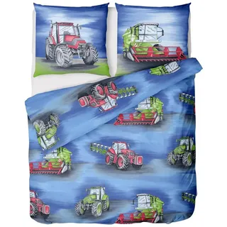 LINKHOFF Kinderbettwäsche Traktor Bettwäsche 135x200 für Jungen 2tlg. – Traktoren & Mähdrescher, Biber Bettwäsche-Set, Trecker Kinderbettwäsche, 100% Baumwolle