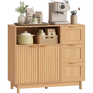 WOLTU Küchenschrank, Sideboard mit 3 Schubladen, 2 Türen und offenem Fach, Kommode Küche mit Verstellbarer Ablage, Aufbewahrungsschrank für Küche Wohnzimmer Flur, 90x80x35 cm, Holzoptik