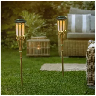 GartenHero LED Gartenfackel LED Solar Gartenfackel Bambus Gartenleuchte Solarfackel Fackel, LED fest integriert, warmweiß