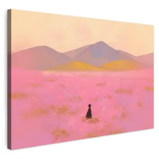 MuchoWow© Wandbilder Groß XXL Wohnzimmer Wanddeko Schlafzimmer Zimmerdeko | 120x80 cm - Wandgemälde Zimmer Deko auf Wand Dekoration Wall Art Blumenwiese - Hügel - Silhouette - Rosa