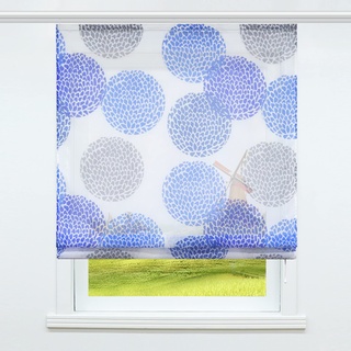 CORLIF Voile Raffrollo mit Klettband Bändchenrollo Transparent Vorhänge mit Kreis-Motiven Druck Design Modern Blau BxH 100x140 cm 1 Stück