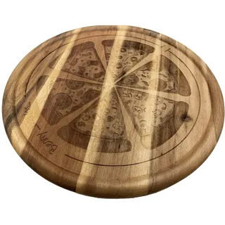 SNEG Pizzateller 32cm aus Holz mit lustiger, persönlicher Gravur und Pizza-Motiv (Akazien Holz)