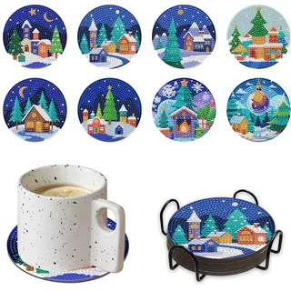 Rwbimti 8 Stück Diamond Painting Untersetzer, DIY Tassenuntersetzer Bastelset für Anfänger, Nicht Saugfähig, Formstabil & Wiederverwendbar, mit Halter, für Alle Gängigen Tassen & Becher