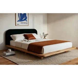 Eyko Holzbett Bora (Eichenbett Futonbett mit Schwebeeffekt), mit gepolstertem Kopfteil, 180/200, Eiche - lackiert, Naturfarbe schwarz 206 cm x 220 cm x 83 cm