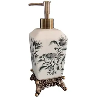 Antike Seifenspender, Vintage Seifenspender mit Harzbasis, Schwarz-Weiß-Vogel- und Blumen-Keramik-Pumpflasche mit bronzierter Pumpe für Bad oder Küche