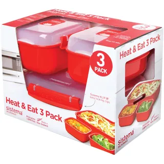 Sistema Heat & Eat mikrowellenfeste Lunchbox Set | 3 rechteckige Mikrowellen-Brotdosen mit Deckel (1 x 1,25 L + 2 x 525 ml) | verschließbare Clips und Belüftungsventile | BPA-frei