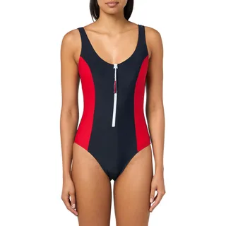 Tommy Hilfiger Damen Over The Shoulder Half Zip One Piece Swimsuit Badeanzug, Sky Captain/Rot, S - S
