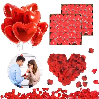 RANJIMA Romantisch Deko Set, Valentinstag Deko Set,Dekoration Romantische Kerzen Rote Teelichter und Rosenblätter Romantisch,50 Teelichter Herzform, 1000 Rosenblätter Rot, 10 Herzförmige Folienballons