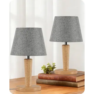 GOEBLESON Nachttischlampe aus Holz 2er Set, Graue Tischlampe | Mit Leinen Lampenschirm, E27 Fassung mit Birne, 3000K/4000K/6500K, für Wohnzimmer, Schlafzimmer, Fensterbank ZMH13TLDP205