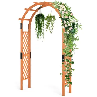 HOMASIS Gartenbogen Holz, Rosenbogen für Rosen & Kletterpflanzen, Rankhilfe für Hochzeit Garten Partys, Rankgitter Spalier Torbogen Rosengitter Pflanzenstütze mit Dach (Orange, 132x45,5x235cm)