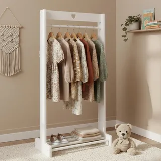 Puckdaddy® Svetje | Kindergarderobe mit Ablage | 60x30x120 cm | Kleiderständer für Kinder weiß + stabil | Montessori Kinderkleiderschrank offen | Gaderobe Kinder | Kleiderstange Holz, weiß