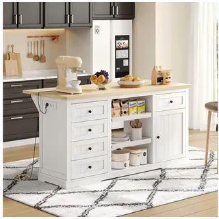 Odikalo Kücheninsel Küchenschrank Sideboard mit Steckdosen, (Sideboard, Kücheninsel, Bar-Schrank mit 5 Schubladen, 2 Ausziehböden, klappbarer Erweiterungsplatte und integrierten Steckdosen, für Küche, Esszimmer und Wohnzimmer, Weiß, 150×65×75 cm)