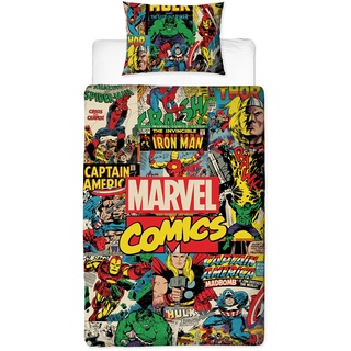 Disney Offizielles Marvel Avengers Einzelbett-Bettwäsche-Set für Kinder, wendbar, 2-seitig, inklusive passendem Kissenbezug, Comic-Design, Character World Brands Einzelbett-Set