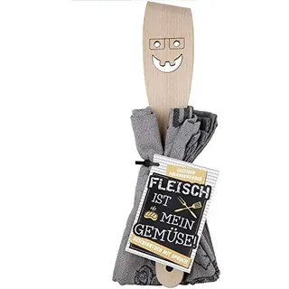 Rostalgie Holz Pfannenwender mit Gesicht + Geschirrtuch mit Spruch Geschenkartikel (Holz, Grau - Fleisch ist Mein Gemüse)