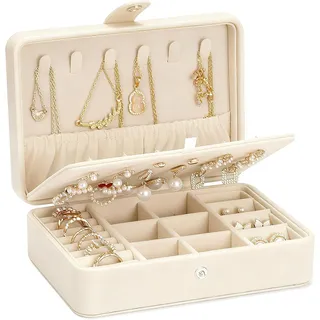 VINATO Schmuckkästchen Reisen, 3-in-1 Schmuckschatulle Klein für Ketten, Ohrringe & Ringe, Jewelry Box, Schmuckaufbewahrung, 16,5x12x5,7cm, Schmuckorganizer Geschenkidee für Frauen Mädchen, Beige