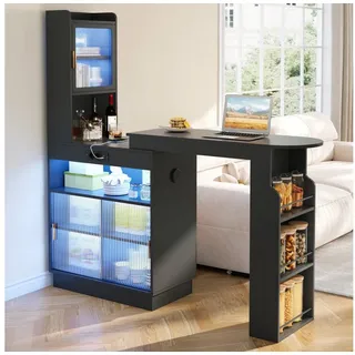 Merax Bartisch ausziehbarer Kücheninsel mit LED-Beleuchtung,2 Steckdosen,USB & Type-C (131–170 x 40 x 170 cm, 1-St), ausziehbar Stehtisch mit Stauraum Barschrank Sideboard Glastüren Regal schwarz