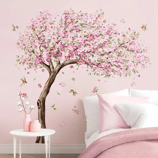 Tanlaby Wandtattoo Kirschblüte Groß XXL Rosa Blumen Baum Wandsticker mit Vögel Wandaufkleber für Mädchenzimmer, Kinderzimmer Schlafzimmer & Wohnzimmer Sofa Hintergrund