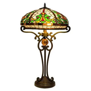 Tiffany Tischlampe Jugendstil - Grün-rot-Creme - Ø 40,0 cm - Buntglas - Warmes Licht - Elegant