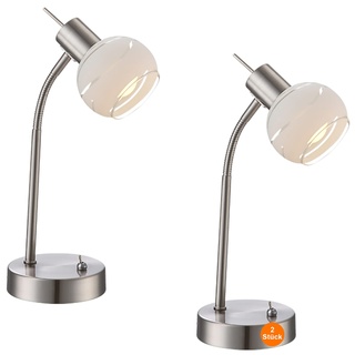 bmf-versand Nachttischlampe 2er Set LED Modern - Schreibtischlampe Weiß Silber Beweglicher Arm - Tischlampe Wohnzimmer Glas Kugel - Lampe Schlafzimmer Nachttisch - Bürolampe Schreibtisch - 34 cm
