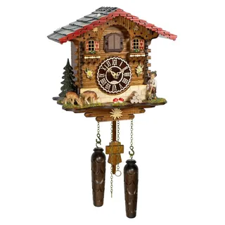 Schwarzwälder Kuckucksuhr Kanzach mit Musik, 12 Melodien, Nachtabschaltung und Holzfiguren, 24x24x15,5 cm