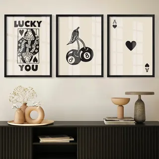 Heiple Gerahmtes Set mit 3 Poker-Wandkunst, Lucky You-Poster, trendiger Retro-Druck, Wanddekoration für Königin der Herzen, Wandkunst, rustikal, Vintage, Bauernhaus, Heimdekoration (schwarz, 30,5 x