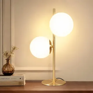 ZMH Nachttischlampe Gold 2 Flammig Tischlampe Metall Tischleuchte mit Schalter aus Weiß Glaskugel E27 Fassung für Wohnzimmer Schlafzimmer Kinderz... - Gold