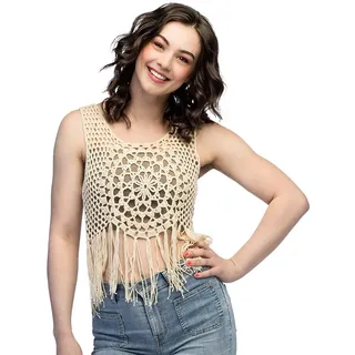 Boland - Häkeltop Sun Loom mit Fransen | Crop Top in Beige, Shirt für Karneval, Disco, Party und Hippie Kostüm, Größe M