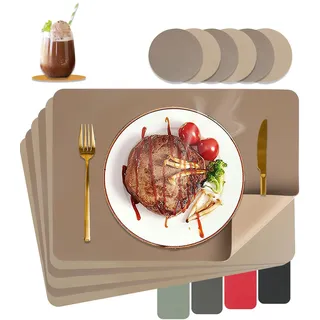 HELI MIAO Tischsets Abwaschbar,Platzsets Abwischbar, Leder,Hitzebeständig Doppelseitigen I 6er Set Platzdeckchen Lederoptik mit Untersetzer,Tischuntersetzer rutschfest,braun+Tan
