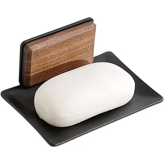 Pasdrucn Seifenhalter Ohne Bohren Edelstahl Selbstklebend, Seifenhalter Dusche, Seifenschale Wandmontage Ohne Bohren Aus Holz, Wandmontage 'Seifenablage Für Badezimmer Küche Balkon (Schwarz)