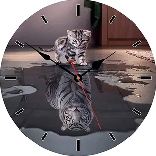 VIKMARI 34cm Wanduhr Ohne Tickgeräusche Holz Katze Tiger für Wohnzimmer