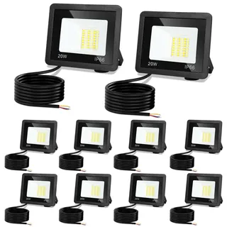 Monucep LED Strahler Außen 20W,10 Stück Dimmbar LED Fluter 3000K/4000K/6500K, Led Scheinwerfer, IP65 Wasserfest Aussenstrahler für Hell Garten Hof Türen Rasen Garage [Energieklasse E]