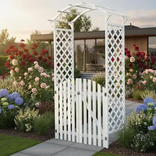 Mucola Rosenbogen mit Tor Pergola Rankhilfe Torbogen Spalier Holz Rankgitter Rankgestell Pergola Rosensäule Gartenbogen - Weiß - Weiß