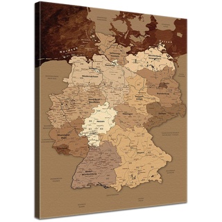 LanaKK – Deutschlandkarte Leinwandbild „Deutschlandkarte Antik” - deutsch - Kunstdruck-Pinnwand auf Echtholz-Keilrahmen – Globus in braun, einteilig & fertig gerahmt in 70x100cm