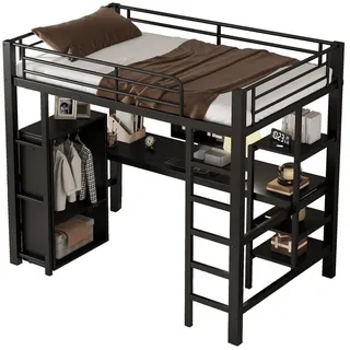 REDOM Kinderbett mit Schreibtisch & Kleiderschrank, platzsparendes Hochbett (mit Schreibtisch & Kleiderschrank - Platzsparendes Hochbett für Kinder & Jugendliche, Stabiler Metallrahmen, Viel Stauraum) schwarz