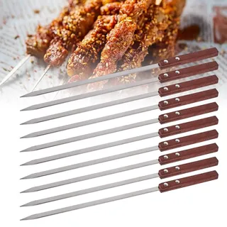 WIYETY Grillspieße Edelstahl Flache Schaschlikspieße: 10 Stück Grillspieße Wiederverwendbar mit Holzgriff Fleischspieße Grillzubehör 40 cm Extra Lange Schaschlikspieße Barbecue BBQ Grill Spieße