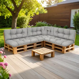 SLIPIO Palettenkissen für Europaletten, 8-TLG. Set, wetterfest, Grau | Palettenpolster; FÜLLPRO+ Füllung; 3x Rückenkissen 120x40 cm + 3x Sitzkissen 120x80 cm + 60x40 + 50x50