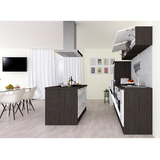 Respekta Premium Einbauküche, Inselküche 280 cm Weiß Hochglanz-Eiche Grau