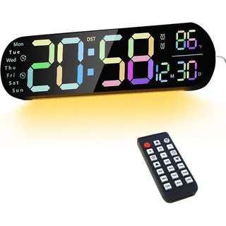 Luckice Wanduhr Digital-Wanduhr mit Fernbedienung, Timer & RGB-Nachtlicht (Automatische Helligkeitsanpassung, Dual-Alarm, moderne Wanduhr) schwarz