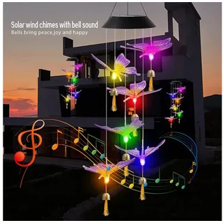 autolock Glockenspiel Schmetterling Solar Windspiel Garten, 6 LED Solar Windspiel für, Draußen, Wasserfest, Farbwechsel, Geschenke für Mutter bunt