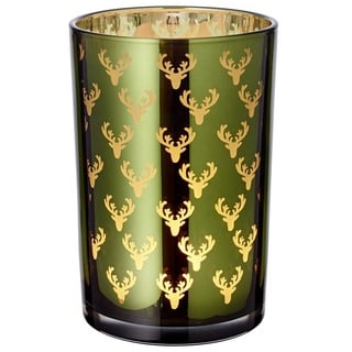 EDZARD Windlicht Dirk, Kerzenglas mit Hirsch-Motiv in Gold-Optik, Teelichtglas für Teelichter, Höhe 18 cm, Ø 12 cm grün