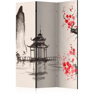 murando - Paravent Raumteiler japanische Landschaft, 135x172 cm, 3-teilig | Mobiler Sichtschutz, sofort einsatzbereit, Holzrahmen, ideal fürs Wohnzimmer oder Büro, geruchsneutral, lichtbeständig
