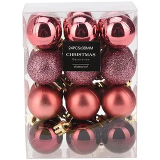 Annastore Weihnachtsbaumkugel 24 x Mini Baumkugeln Ø 3 cm zum Hängen - Bruchsicher aus Kunststoff, Kleine Christbaumkugeln aus Kunststoff rosa
