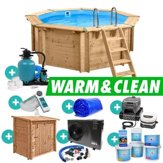 Holzpool Rund Komplettset Massivholz Pool Wärmepumpe Poolroboter UV-C Filter