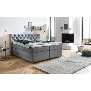 Belanoti LARA Boxspringbett 160x200 mit 4 Schubladen Stauraum Bett 160x200 mit Bettkasten in der Farbe Hellgrau H2 und H3 Chesterfield Kopfteil 7-Z... - Hellgrau