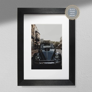 Hygge Creations Kunstdruck Stil, VW Käfer Kunst | blaues Auto | Vintage-Poster – A4 weißer Rahmen ohne Passepartout