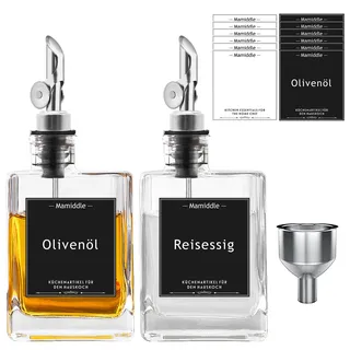 Mamiddle Essig und Ölflaschen Set mit Edelstahl Ausgießer Trichter und Aufkleber Ölspender Oil Dispenser Olivenöl Flasche für Küche und BBQ (280ml, Silber)